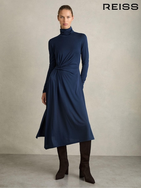 Reiss Blue Casey Draped Jersey Midi Dress (AT5931) | $285