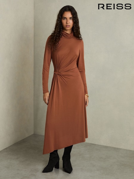 Reiss Camel Casey Draped Jersey Midi Dress (AT5933) | $285