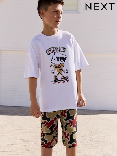 White/Camo Ice Cream Relaxed Fit Short Sleeve T-Shirt and Shorts Set (3-16yrs) (AT5937) | €22 - €33
