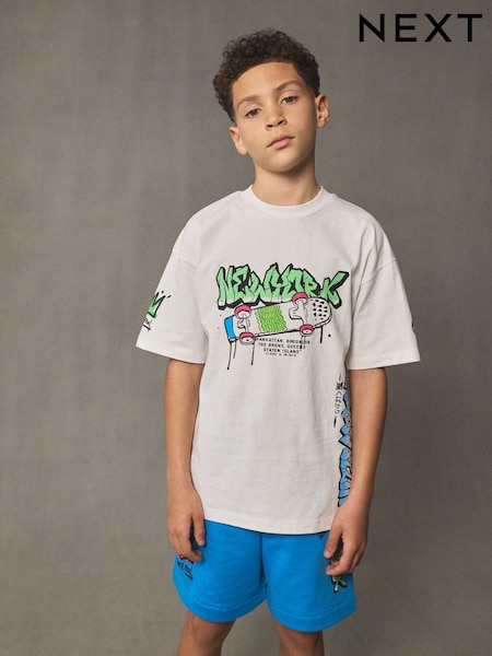 White/Blue Graffiti Relaxed Fit Short Sleeve T-Shirt and Shorts Set (3-16yrs) (AT5944) | €21.50 - €32