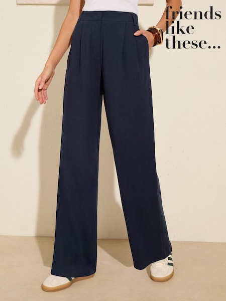 Friends Like These Navy Petite Wide Leg Tailored Trousers With Linen (AT5963) | €48