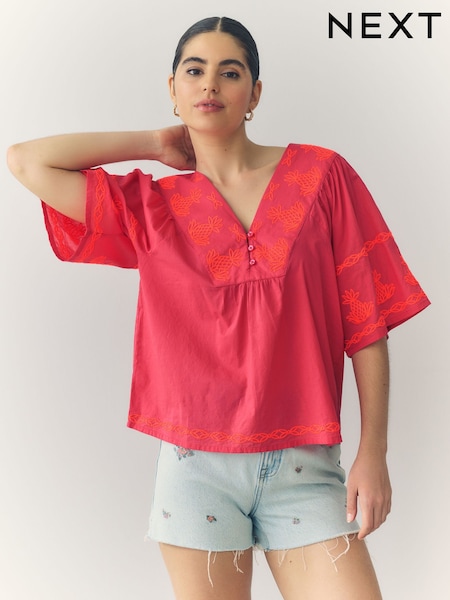 Orange and Pink Pineapple Embroidered Short Sleeve Top (AT6017) | €49.50