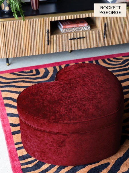 Rockett St George Deep Cherry Red Luxe Needlecord Velvet Heart Large Footstool with Storage (AT6153) | €284
