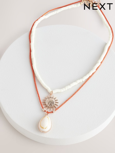 Orange/Neutral - Shell and Sun Two Row Necklace (AT6265) | 95 zł