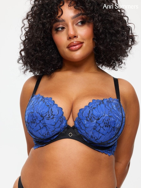 Ann Summers Black Nightfall Floral Print Lace Fuller Bust Padded Plunge Bra (AT6331) | €12.50