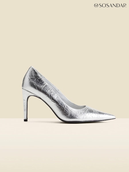 Sosandar Silver Leather Curved Heel Court Shoes (AT6382) | AED247