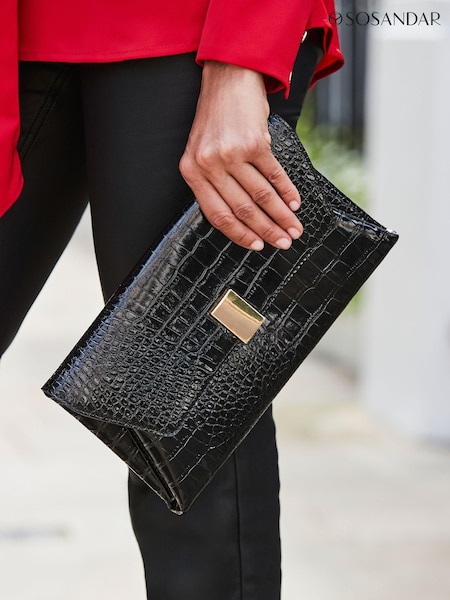 Sosandar Black Croc Effect Leather Clutch Bag With Gold Clasp (AT6399) | €42