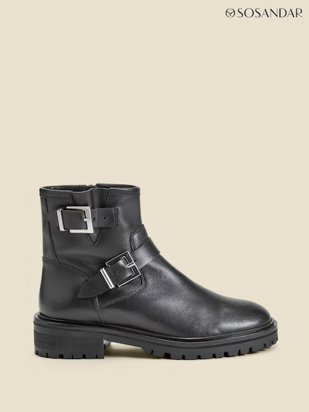 Sosandar Black Leather Buckle Detail Biker Boots (AT6513) | €158