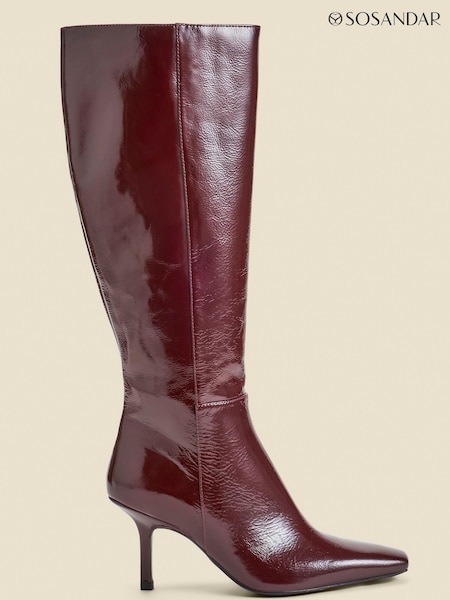 Sosandar Red Leather Square Toe Mid Heel Knee High Boots (AT6518) | €219