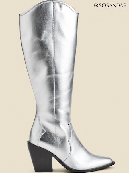 Sosandar Silver Leather Knee High Western Boots (AT6522) | € 242