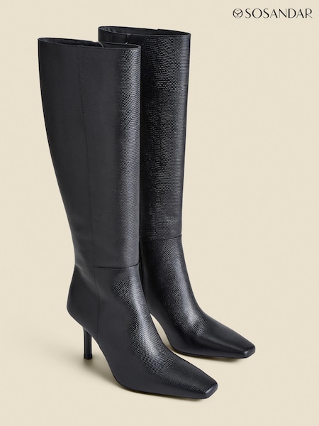 Sosandar Black Leather Square Toe Knee High Boots (AT6524) | AED961