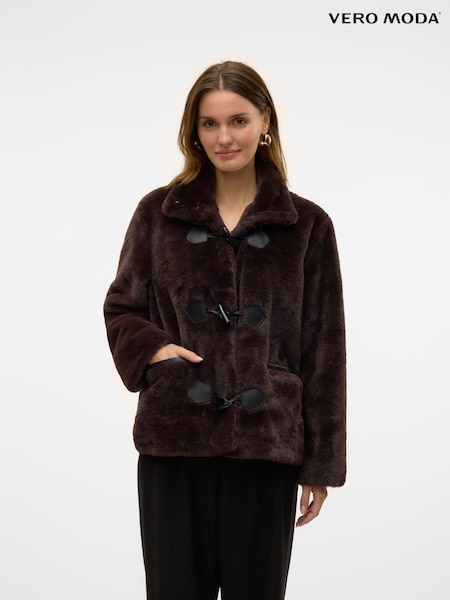 VERO MODA Brown Faux Fur High Neck Toggle Jacket (AT6612) | 259 QAR