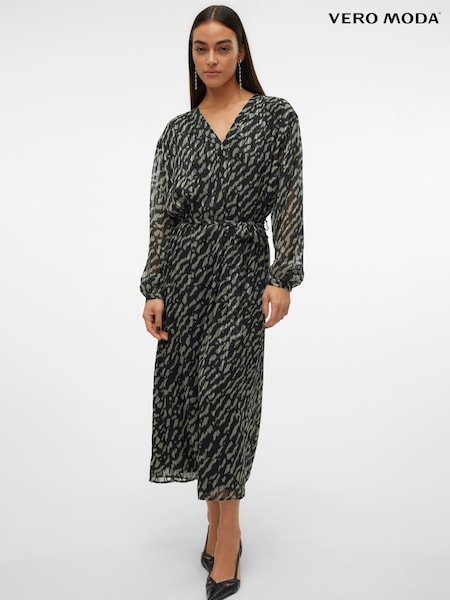 VERO MODA Green Chiffon Belted Animal Midi Dress (AT6620) | €40