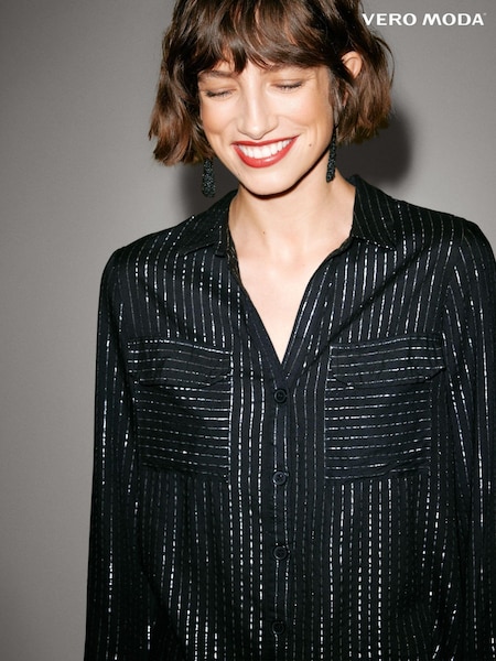 VERO MODA Metallic Long Sleeve Sparkle Thread Striped Shirt (AT6628) | ₪161