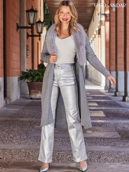 Sosandar Faux Fur Collar Longline Cardigan (AT6634) | € 117