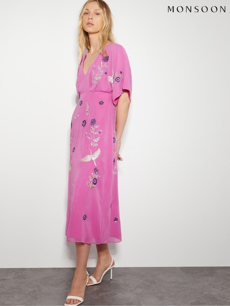 Monsoon Pink Rosalie Embellished Midi Kimono Dress (AT6952) | €79