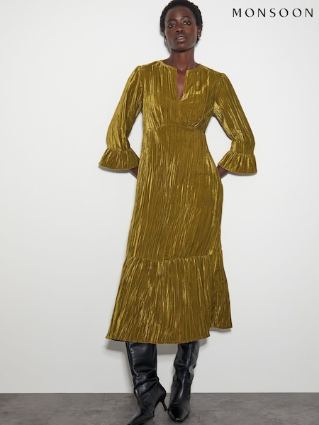 Monsoon Green Mabel V-Front Crushed Velvet Midi Dress (AT6967) | 311 QAR
