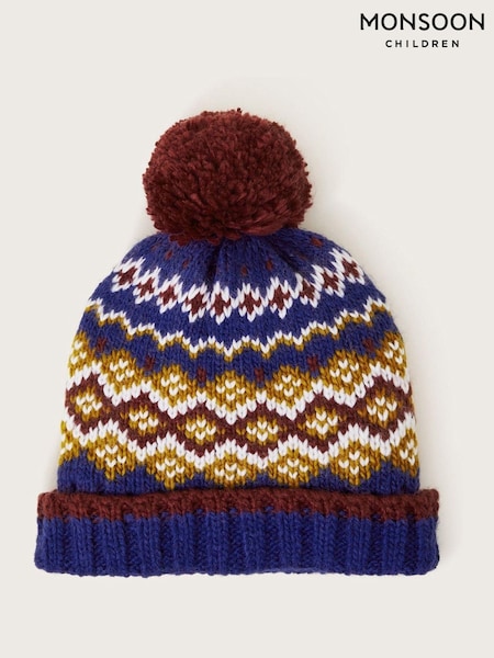 Monsoon Blue Fairisle Pattern Winter Knitted Bobble Hat (AT7001) | ₪136