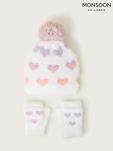 Monsoon White Neon Hearts Fluffy Hat and Gloves Set (AT7023) | €33 - €34