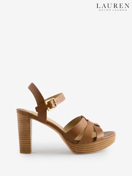 Lauren Ralph Lauren Soffia Leather Platform Heeled Brown Sandals (AT7103) | €224