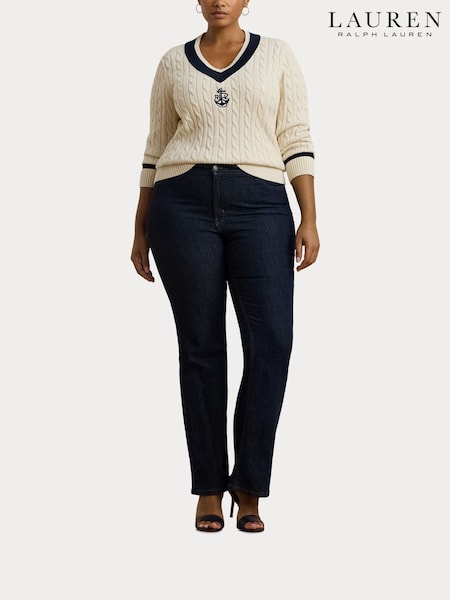 Lauren Ralph Lauren Curve Meren V-Neck Cricket Logo Cable Knit 100% Cotton Jumper (AT7110) | 985 LEI