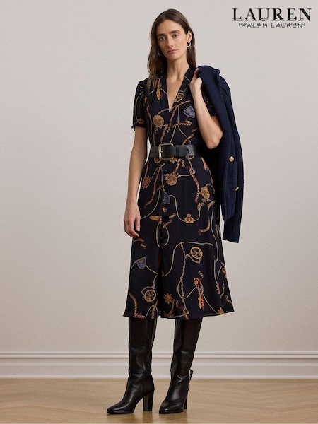 Lauren Ralph Lauren Belt Print Midi V Neck Dress (AT7166) | €330