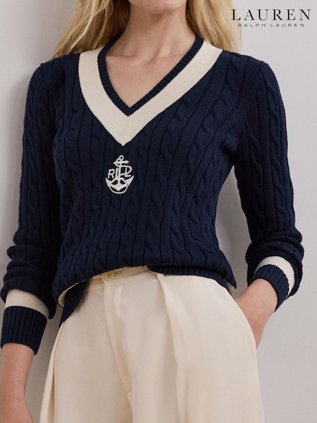Lauren Ralph Lauren Curve Meren V-Neck Cricket Logo Cable Knit 100% Cotton Jumper (AT7177) | €114