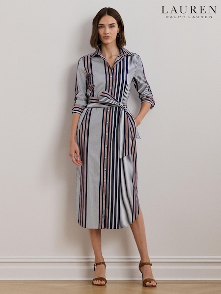 Lauren Ralph Lauren Blue Y/D 70S Broadcloth 100% Cotton Dress (AT7229) | €173
