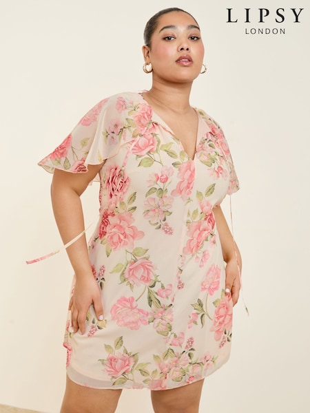 Lipsy Pink Floral Print Curve Print Flutter Sleeve Mini Shift Dress (AT7232) | ₪297