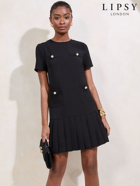 Lipsy Black Short Sleeve Military Button Pleated Mini Dress (AT7233) | $84