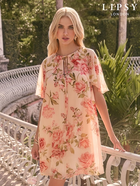 Розовая в цветочек - Lipsy Print Flutter Sleeve Mini Shift Dress (AT7241) | €78