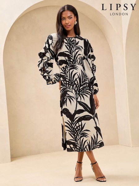 Lipsy Monochrome Petite Palm Print Long Sleeve Ruffle Midi Dress (AT7245) | 292 QAR