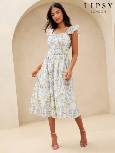 Lipsy Linen Look Frill Sleeve Belted Prom Fit And Flare Midi Dress (AT7248) | 88 €