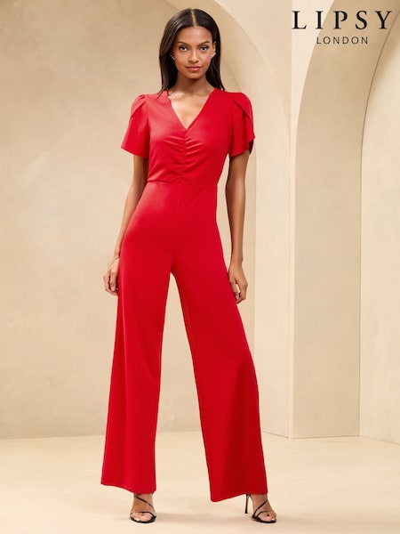 Red Short Sleeve Ruched Front V-Neck Jumpsuit (AT7253) | €74