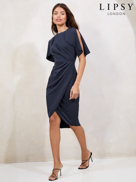 Navy Petite Cape Sleeve Gathered Side Midi Bodycon Dress (AT7256) | INR 7,986