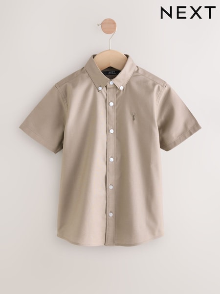 Taupe Logo Short Sleeve Cotton Rich Oxford Shirt (3-16yrs) (AT7344) | €15 - €23