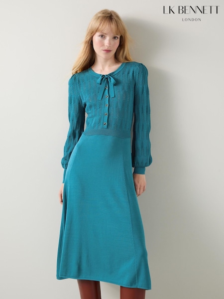 LK Bennett Susannah Dark Teal Tie Neck Pointelle Fit And Flare Dress (AT7349) | 1,040 LEI
