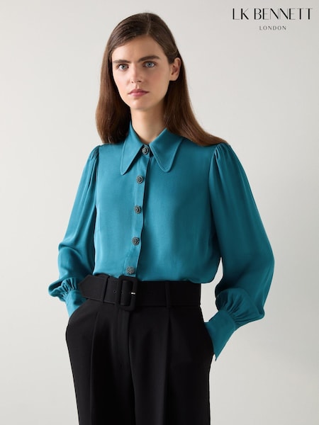 LK Bennett Sonya Teal Viscose Crepe Shirt With Sparkle Button (AT7355) | ‏1,001‏₪
