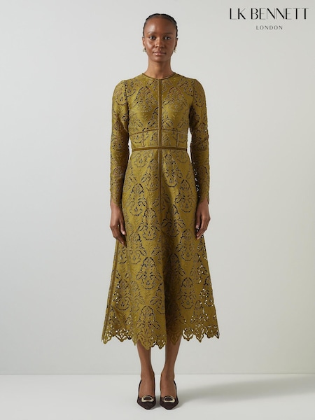 LK Bennett Green Gracie Moss Trimmed Lace Dress (AT7366) | ₪2,509