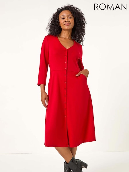 Roman Red Petite V-Neck Button Detail Stretch Dress (AT7430) | €53