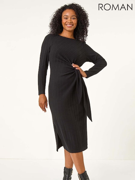 Roman Black Petite Brushed Tie Waist Stretch Midi Dress (AT7450) | R$ 510