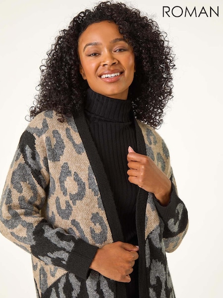 Roman Black Petite Animal Print Contrast Cardigan (AT7455) | $96