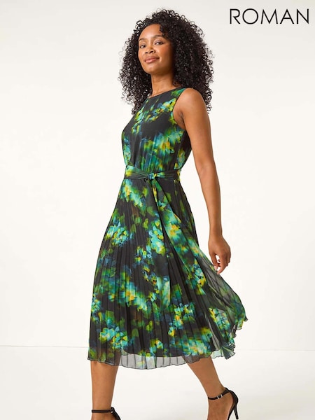 Roman Green Petite Floral Print Pleated Midi Dress (AT7460) | €89