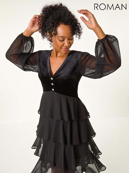Roman Black Petite Velvet Bodice Layered Dress (AT7469) | SGD 135