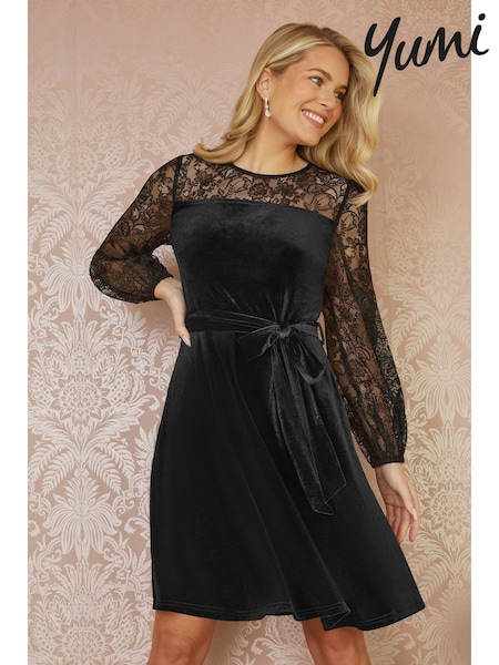 Yumi Black Velvet Skater Dress With Lace Sleeves (AT7562) | €78