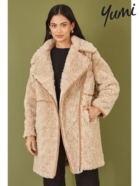 Yumi Textured Borg Long Line Biker Coat (AT7570) | €189