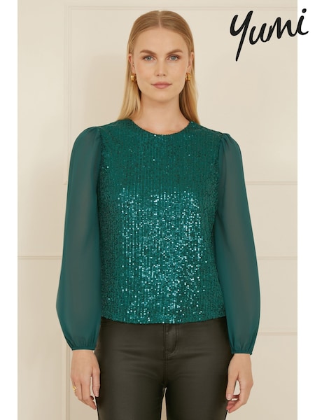 Yumi Sequin Top With Sheer Sleeves (AT7572) | 410 LEI