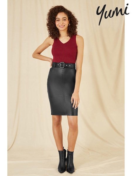 Yumi Faux Leather Midi Pencil Skirt With Matching Belt (AT7575) | ‏251‏₪