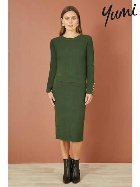 Yumi Green Rib Knitted Jumper With Sleeve Button Detail (AT7588) | ₪251