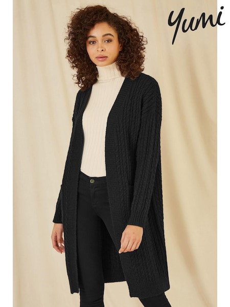 Yumi Black Cable Knit Edge to Edge Long Cardigan With Pockets (AT7589) | €83